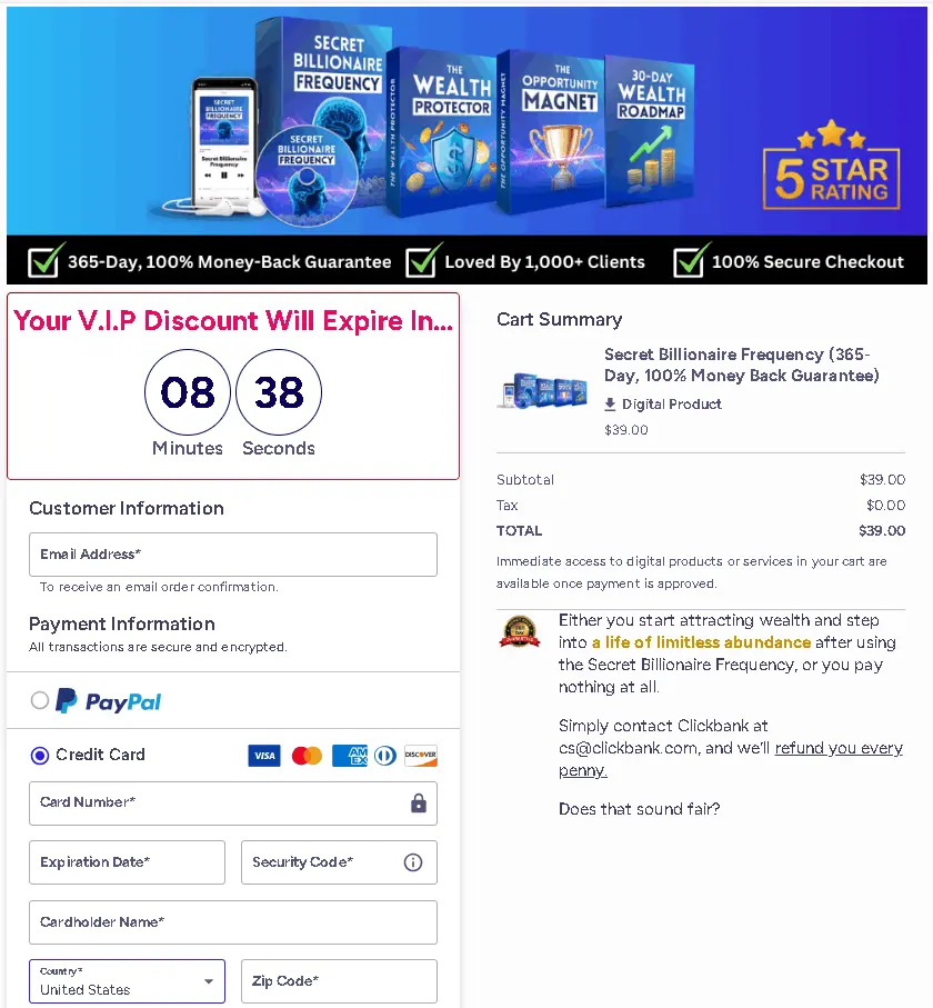 Secret Billionaire Frequency Checkout Page